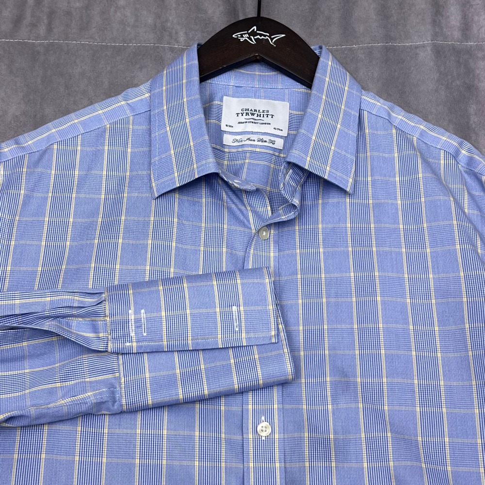 Charles Tyrwhitt Dress Shirt Mens 18/36 Blue/Yellow Plaid Slim Fit French Cuffs